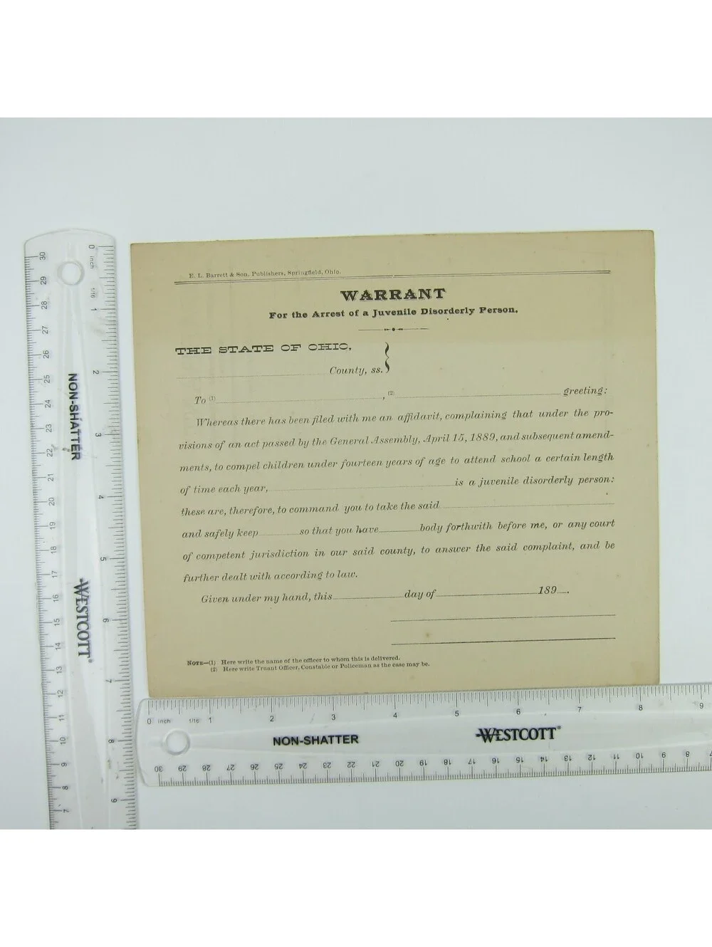 Antique 1890s Ohio Arrest Warrant Juvenile Disorderly Police Record Form Blank
